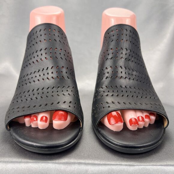 Susina Heel Women's 7.5 Danella Mules‎ Black Perforated Laser Cut Block Sandals - Picture 5 of 14